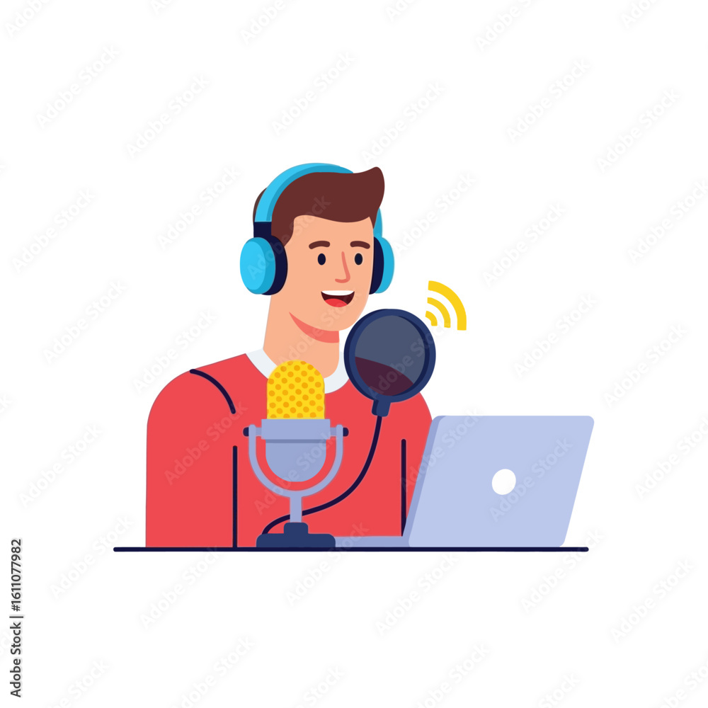 A male podcaster or streamer with headphones speaks into a microphone for a broadcast. The host is recording audio for a live radio show or podcast using a laptop. A male podcaster or streamer with headphones speaks into a microphone for a broadcast. The host is recording audio for a live radio show or podcast using a laptop.