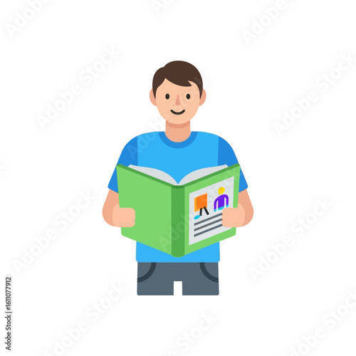A smiling young student holding an open book for learning. Flat vector illustration representing education, self-study, and acquiring knowledge.