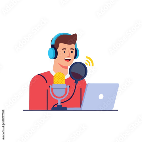 A male podcaster or streamer with headphones speaks into a microphone for a broadcast. The host is recording audio for a live radio show or podcast using a laptop.