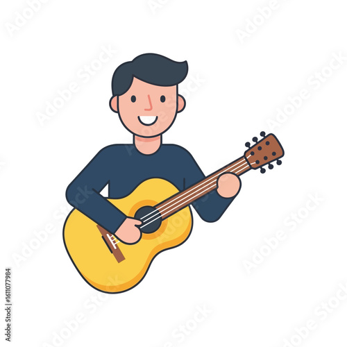 A cartoon man with dark hair is smiling and playing a yellow acoustic guitar.