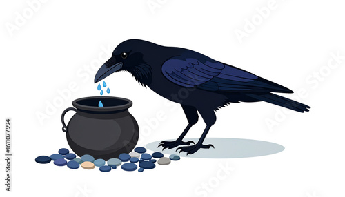 Minimalist vector of thirsty crow solving problem with stones and water pot, isolated on transparent background PNG