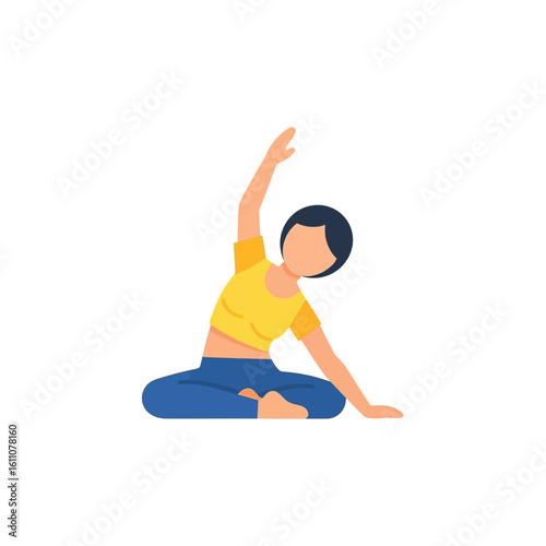 A woman with short dark hair performs a seated side bend yoga pose for stretching.
