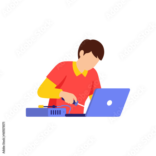 A technician character uses a screwdriver to perform maintenance on a blue laptop.