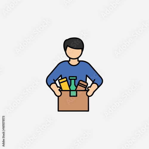 A person holding a cardboard box filled with various grocery items, including bottles and packaged goods, suggesting shopping or delivery.