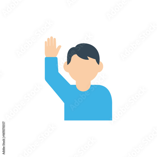 Boy raising hand, simple icon, participation, question, answer, volunteer.