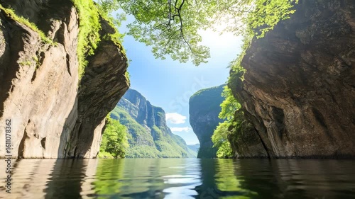 Serene Mountain Fjord with Lush Greenery and Calm Water Reflection