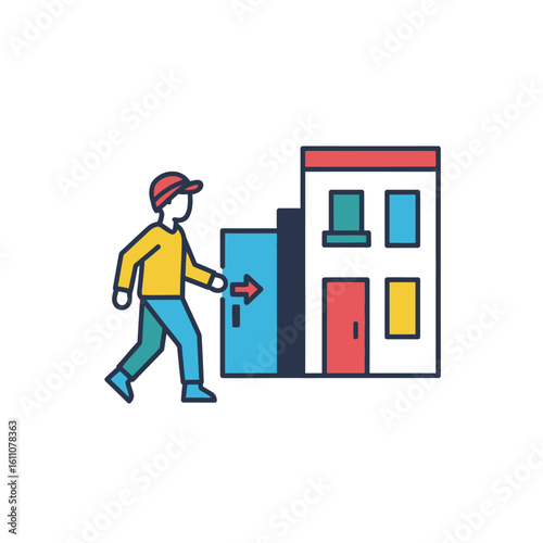 A person wearing a cap walks towards a building, preparing to enter through a door marked with an arrow.