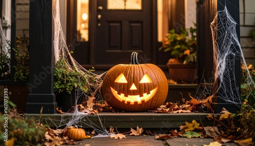 A glowing jack-o'-lantern sits on a porch decorated with cobwebs and fallen leaves, ready for Halloween night.