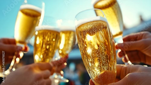 Cheerful Celebration with Refreshing Beer in Clear Glasses Outdoors
