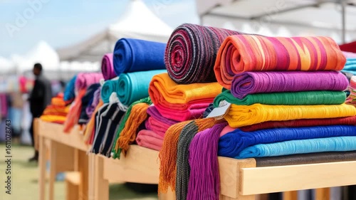 Vibrant Textiles Displayed at Outdoor Market with Colorful Fabrics