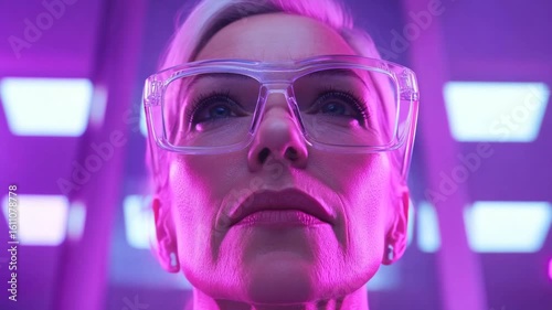 Futuristic Portrait of Confident Woman with Glasses in Neon Setting