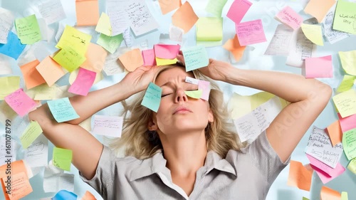 Woman Stressing Over Colorful Sticky Notes on Wall in Office Space