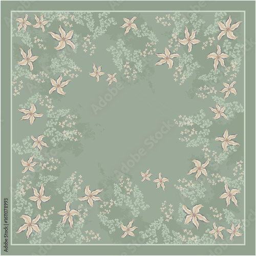 Ethereal Bloom Floral Soft Floral Motifs on a Serene Dusty Green Symmetrical Composition Ideal for Scarf Design Wedding Invitations Textile Print and Nature Inspired Branding