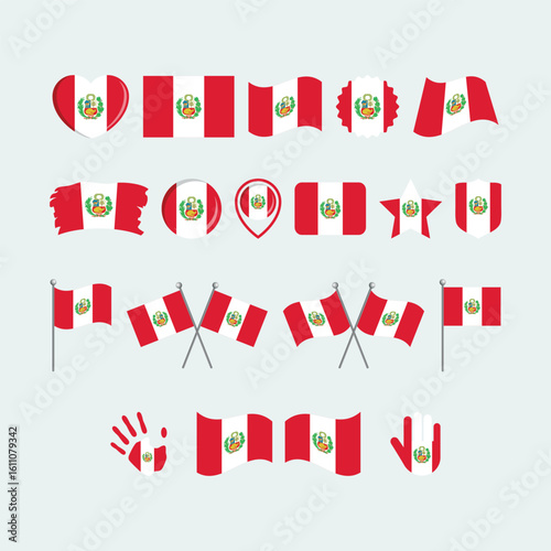 Peru flag icon set vector isolated on a gray background. Peruvian flag graphic design element. Flag of Peru icons in flat style. Peruvian symbols collection