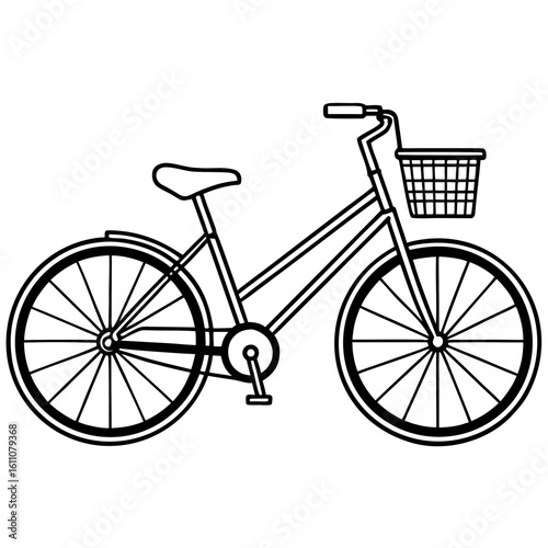 Side view of classic bicycle with basket, minimal line art 