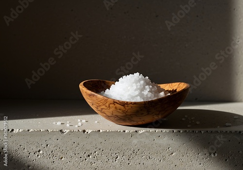 A wooden bowl filled with a pile of white sea salt crystals sits on a concrete surface, partially illuminated by sunlight.