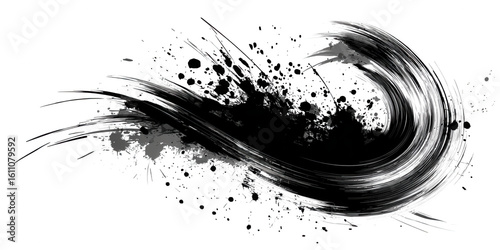 Abstract black ink brush stroke with splashes isolated on transparent background