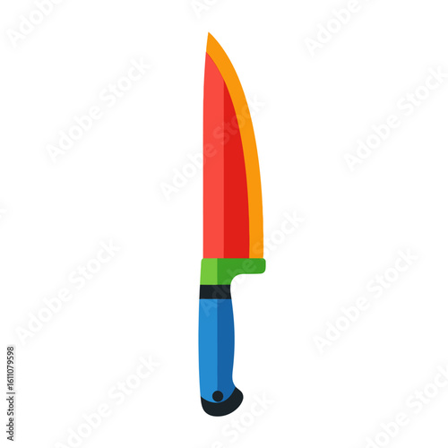 A brightly colored chef's knife with a red blade and a blue handle, presented against a clean white background, showcasing its sharp edge and ergonomic design.