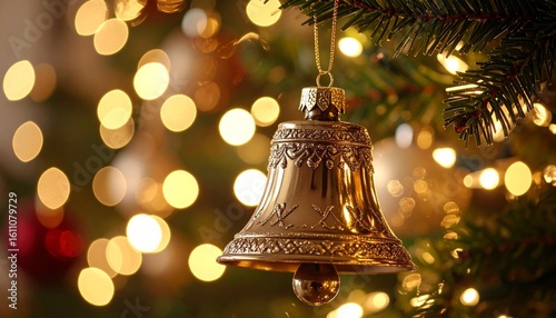 Wallpaper Mural Close-up of a golden bell ornament hanging on a Christmas tree with blurred lights in the background. Torontodigital.ca