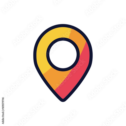 A vibrant map pointer icon featuring diagonal yellow, orange, and red sections with a bold outline.