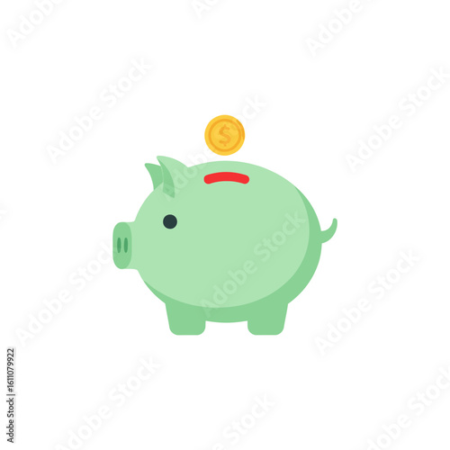 A simple illustration of a green piggy bank with a gold dollar coin entering its slot.