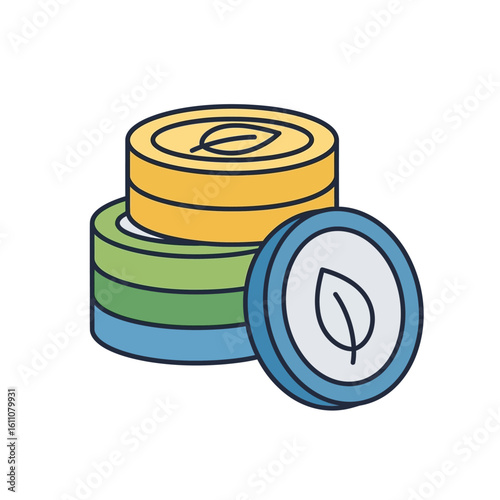 A colorful stack of coins with a leaf symbol, representing green finance and sustainable investment.