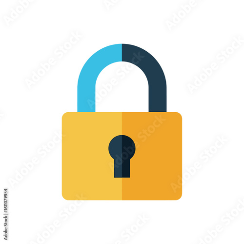 A flat vector illustration of a yellow padlock with a blue shackle on a white background.