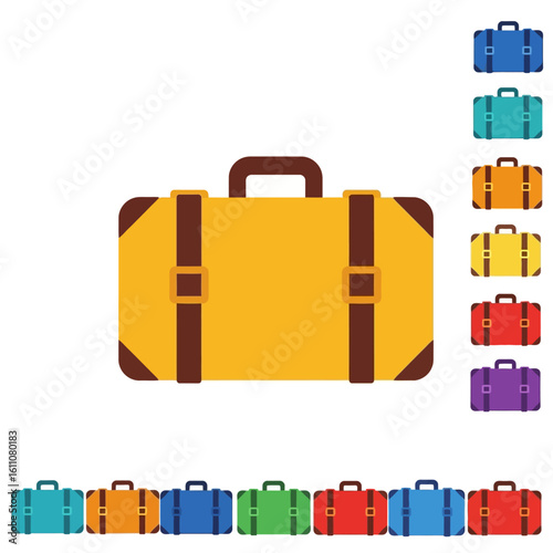 A large yellow travel suitcase with a collection of smaller, multicolored luggage variations in a flat design style.