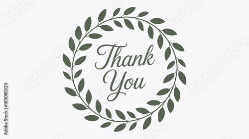  "Elegant Thank You Card Design Featuring Green Leaf Wreath and Cursive Text on White Background for Gratitude and Appreciation Themes"