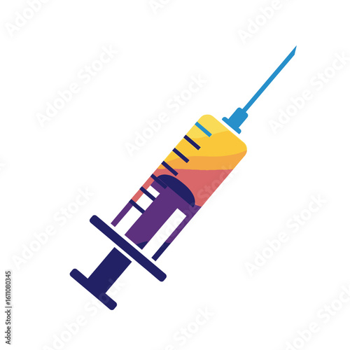 A stylized illustration of a medical syringe with a needle, filled with a colorful yellow and purple liquid.