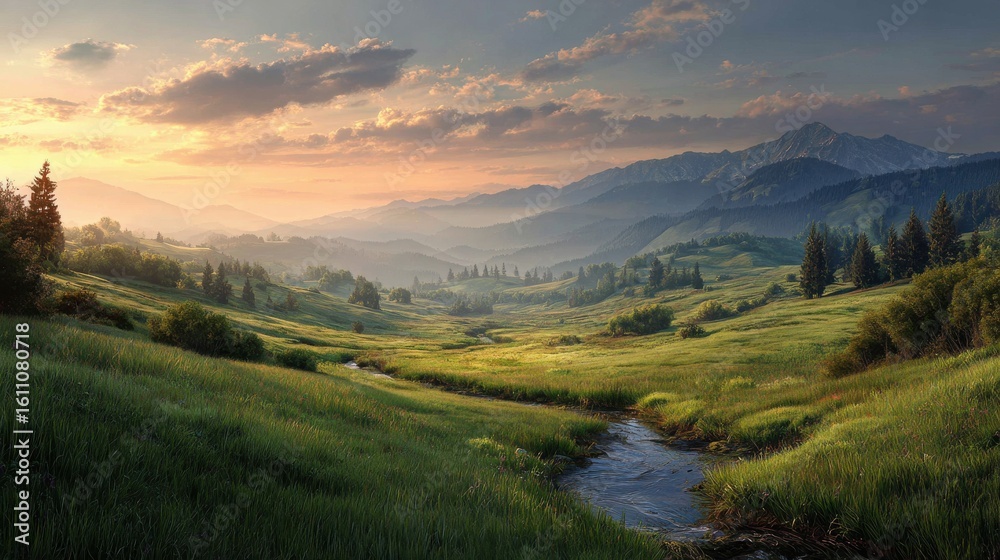 Fototapeta premium Serene Sunrise Over Rolling Hills and Gentle Stream in a Lush Green Valley Surrounded by Majestic Mountains and Soft Cloudy Sky
