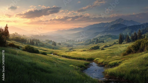 Serene Sunrise Over Rolling Hills and Gentle Stream in a Lush Green Valley Surrounded by Majestic Mountains and Soft Cloudy Sky