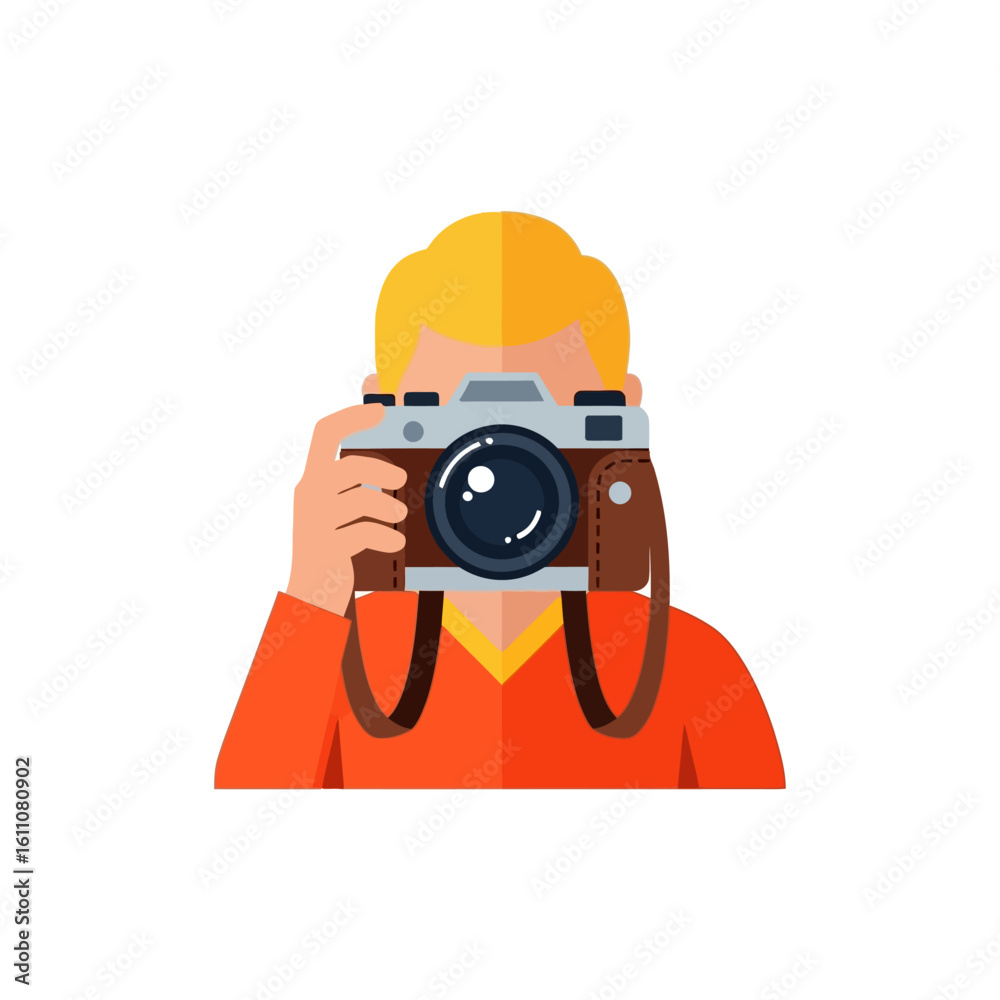 A flat illustration of a photographer with blonde hair holding a vintage camera, ready to take a picture. A flat illustration of a photographer with blonde hair holding a vintage camera, ready to take a picture.