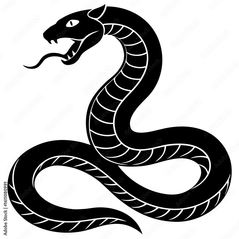 Fototapeta premium Stylized Snake with Open Mouth Black Silhouette