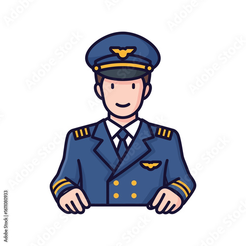 A friendly cartoon airline pilot in a blue uniform with a captain's hat and a welcoming smile.