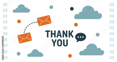  "Creative Thank You Message Design with Envelopes, Clouds, and Speech Bubble Illustrating Communication, Correspondence, and Appreciation"