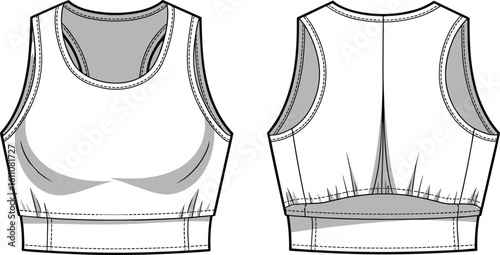CAD drawing flat vector illustration, sports bra design, athletic wear, front and back views, crop top style 