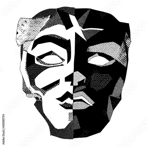 Vector Dualistic portrait showcases contrasting facial halves in bold style.