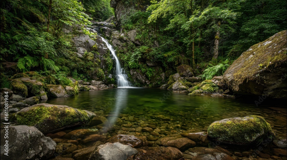 Fototapeta premium Serene Waterfall Cascading Into Tranquil Pool Surrounded by Lush Greenery and Majestic Rocks in a Peaceful Forest Setting