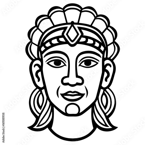 Stylized black and white portrait of a person with elaborate headdress