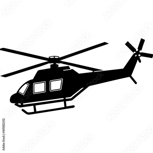 Black silhouette of a modern helicopter with rotor blades and skids