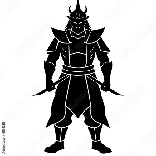 Silhouetted warrior with horned helmet and swords