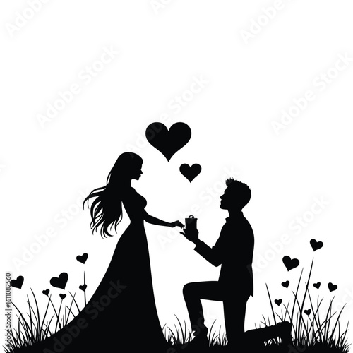 Couple proposal silhouette with hearts and grass engagement ring
