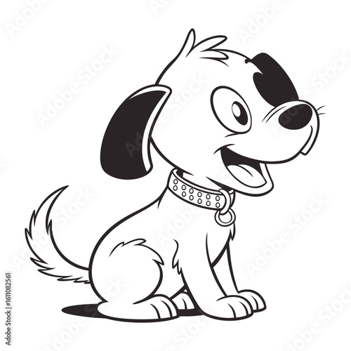 Adorable cartoon puppy in black and white line art style, sitting happily with big sparkling eyes, open mouth smiling, fluffy fur, floppy ears, and a small heart-shaped collar tag—clean, playful outli