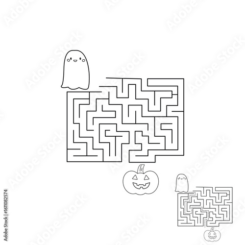 Simple maze game for kids. Children's coloring. Help the ghost find the right way to the pumpkin.