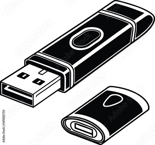 USB flash drive silhouette: A sleek, modern USB flash drive, with its cap separated, depicted in a simple and clean silhouette.
