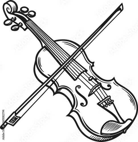 Musical Serenade: A meticulous illustration of a violin and its bow, showcasing intricate detail and the timeless elegance of classical music.