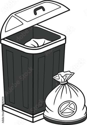 Trash Can and Bag Illustration: An illustrated trash can with its lid ajar, paired with a tied-up trash bag, symbolizing waste disposal and environmental concerns.