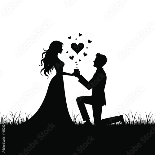 Couple proposal silhouette with hearts and grass engagement ring