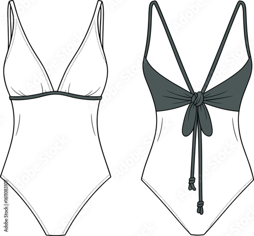 CAD drawing flat vector illustration, technical fashion sketch of women’s one-piece swimsuit, front and back view, stylish swimwear design